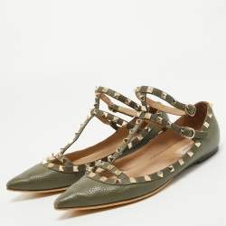 مملوكة مسبقًا Valentino Army Green Leather Rockstud Ankle Strap Ballet Flats Size 40