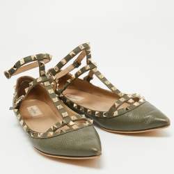 مملوكة مسبقًا Valentino Army Green Leather Rockstud Ankle Strap Ballet Flats Size 40
