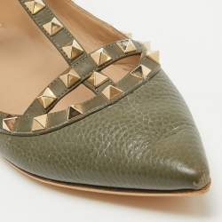 مملوكة مسبقًا Valentino Army Green Leather Rockstud Ankle Strap Ballet Flats Size 40