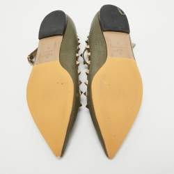 مملوكة مسبقًا Valentino Army Green Leather Rockstud Ankle Strap Ballet Flats Size 40