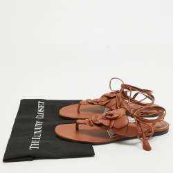 Pre Owned Valentino Brown Leather Flower Applique Ankle Tie Thong Flat Sandals Size 39