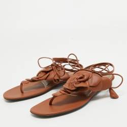 Pre Owned Valentino Brown Leather Flower Applique Ankle Tie Thong Flat Sandals Size 39