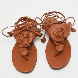Pre Owned Valentino Brown Leather Flower Applique Ankle Tie Thong Flat Sandals Size 39