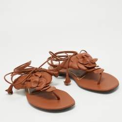 Pre Owned Valentino Brown Leather Flower Applique Ankle Tie Thong Flat Sandals Size 39