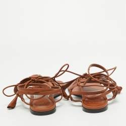 Pre Owned Valentino Brown Leather Flower Applique Ankle Tie Thong Flat Sandals Size 39