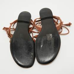 Pre Owned Valentino Brown Leather Flower Applique Ankle Tie Thong Flat Sandals Size 39