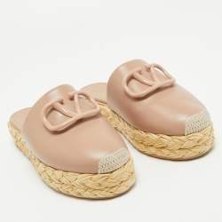 Pre Owned Valentino Dusty Pink Leather Escape V logo Espadrille Platform Mules Size 37