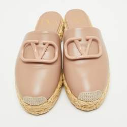 Pre Owned Valentino Dusty Pink Leather Escape V logo Espadrille Platform Mules Size 37