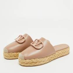 Pre Owned Valentino Dusty Pink Leather Escape V logo Espadrille Platform Mules Size 37