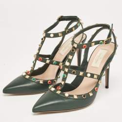 Pre Owned Valentino Green Leather Rolling Rockstud Ankle Strap Pumps Size 38.5