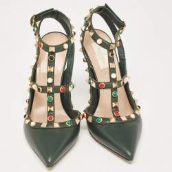 Pre Owned Valentino Green Leather Rolling Rockstud Ankle Strap Pumps Size 38.5