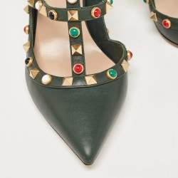 Pre Owned Valentino Green Leather Rolling Rockstud Ankle Strap Pumps Size 38.5