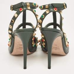 Pre Owned Valentino Green Leather Rolling Rockstud Ankle Strap Pumps Size 38.5