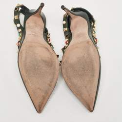 Pre Owned Valentino Green Leather Rolling Rockstud Ankle Strap Pumps Size 38.5