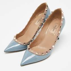 Pre Owned Valentino Blue/Beige Patent and Leather Rockstud Pumps Size 39