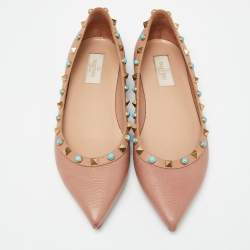 Pre Owned Valentino Beige Leather Rolling Rockstud Ballet Flats Size 39