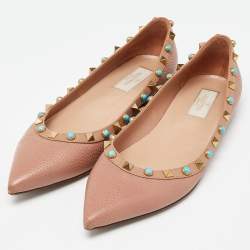Pre Owned Valentino Beige Leather Rolling Rockstud Ballet Flats Size 39