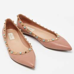 Pre Owned Valentino Beige Leather Rolling Rockstud Ballet Flats Size 39