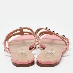 Pre Owned Valentino Pink Leather Rockstud Slide Flats Size 40