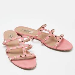 Pre Owned Valentino Pink Leather Rockstud Slide Flats Size 40