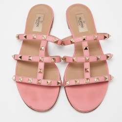 Pre Owned Valentino Pink Leather Rockstud Slide Flats Size 40