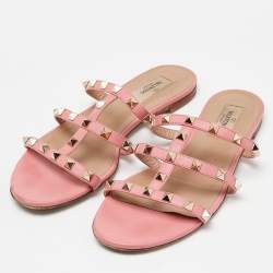 Pre Owned Valentino Pink Leather Rockstud Slide Flats Size 40