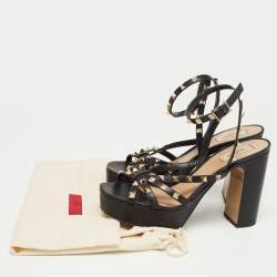 Pre Owned Valentino Black Leather Rockstud Platform Ankle Strap Sandals Size 41