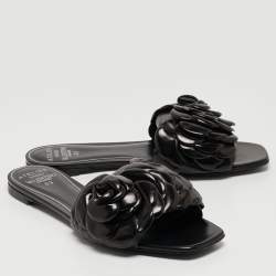 Pre Owned Valentino Black Leather 03 Rose Edition Atelier Flat Slides Size 39