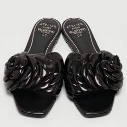 Pre Owned Valentino Black Leather 03 Rose Edition Atelier Flat Slides Size 39
