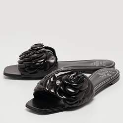 Pre Owned Valentino Black Leather 03 Rose Edition Atelier Flat Slides Size 39