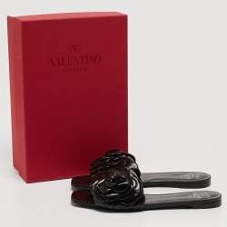 Pre Owned Valentino Black Leather 03 Rose Edition Atelier Flat Slides Size 39