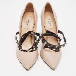 Pre Owned Valentino Dusty Pink/Black Leather Rockstud Ankle Wrap Pumps Size 38