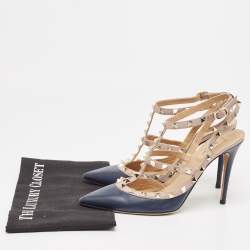 Valentino Navy Blue/Dusty Pink Leather Rockstud Ankle Strap Pumps Size 39.5