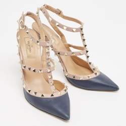 Pre Owned Valentino Navy Blue/Dusty Pink Leather Rockstud Ankle Strap Pumps Size 39.5