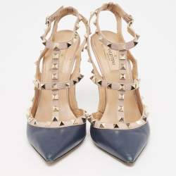 Pre Owned Valentino Navy Blue/Dusty Pink Leather Rockstud Ankle Strap Pumps Size 39.5