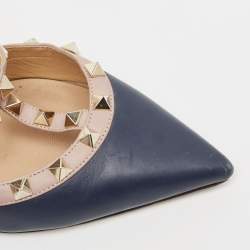 Pre Owned Valentino Navy Blue/Dusty Pink Leather Rockstud Ankle Strap Pumps Size 39.5