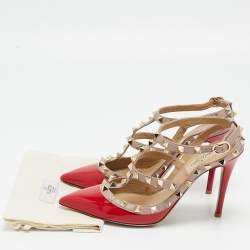 Pre Owned Valentino Red Patent Leather Rockstud Ankle Strap Pumps Size 37