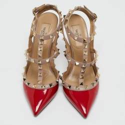 Pre Owned Valentino Red Patent Leather Rockstud Ankle Strap Pumps Size 37