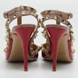 Pre Owned Valentino Red Patent Leather Rockstud Ankle Strap Pumps Size 37