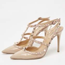 Pre Owned Valentino Beige Patent Leather Rockstud Ankle Strap Pumps Size 39.5