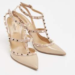 Pre Owned Valentino Beige Patent Leather Rockstud Ankle Strap Pumps Size 39.5