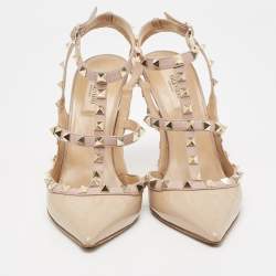 Pre Owned Valentino Beige Patent Leather Rockstud Ankle Strap Pumps Size 39.5