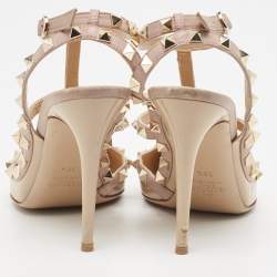 Pre Owned Valentino Beige Patent Leather Rockstud Ankle Strap Pumps Size 39.5