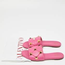 Pre Owned Valentino Pink Quilted Leather Roman Stud Flat Slides Size 41