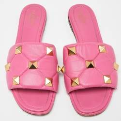 Pre Owned Valentino Pink Quilted Leather Roman Stud Flat Slides Size 41