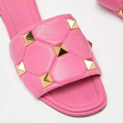 Pre Owned Valentino Pink Quilted Leather Roman Stud Flat Slides Size 41