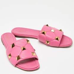 Pre Owned Valentino Pink Quilted Leather Roman Stud Flat Slides Size 41