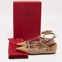 Pre Owned Valentino Beige Patent Leather Rockstud Ankle Strap Ballet Flats Size 37