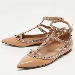 Pre Owned Valentino Beige Patent Leather Rockstud Ankle Strap Ballet Flats Size 37