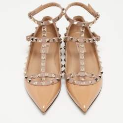 Pre Owned Valentino Beige Patent Leather Rockstud Ankle Strap Ballet Flats Size 37